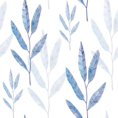 Deken met foto Blauw wit patronen Leaves seamless watercolor pattern. Hand painted leaves of different colors on a white background. Leaves for design.  © Лилия Черепанова