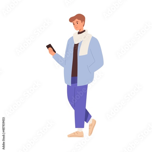 Young man using mobile phone on go. Person walking with smartphone in hand outdoors. Guy strolling and surfing internet. Cellphone user on street. Flat vector illustration isolated on white background