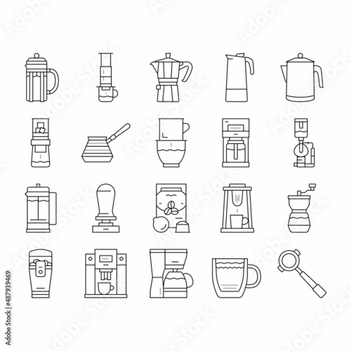 Coffee Make Machine And Accessory Icons Set Vector .