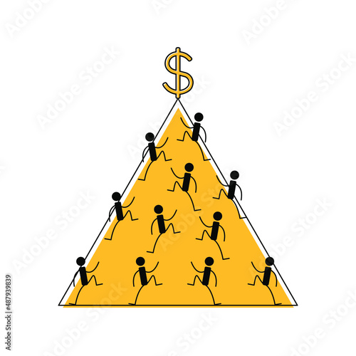 Financial pyramid. Ponzi scheme. People climb up the pyramid. Chasing money. Vector illustration.
