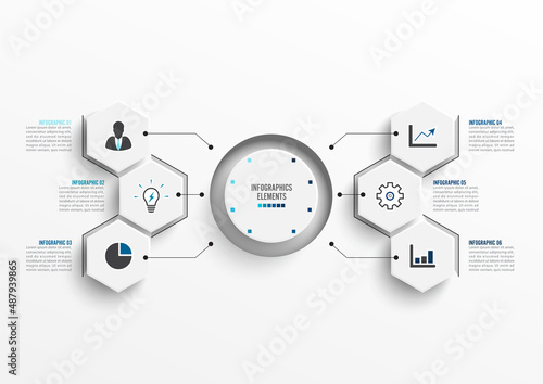 Vector infographic template with 3D paper label, integrated circles. Business concept with 6 options. For content, diagram, flowchart, steps, parts, timeline infographics, workflow, chart.