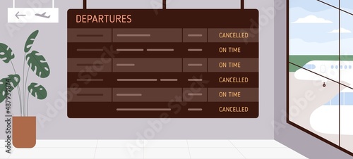 Departure board in airport with flights cancelled and on schedule. Airplane timetable displaying times and abstract destinations. The scoreboard in terminal with information. Flat vector illustration