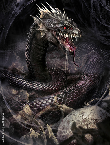 A creepy black mutant snake with six red eyes, a slobbery, disgusting mouth with a hundred sharp curved fangs, it crawls along a dark tunnel strewn with bones and splattered with slime. 2d art  photo