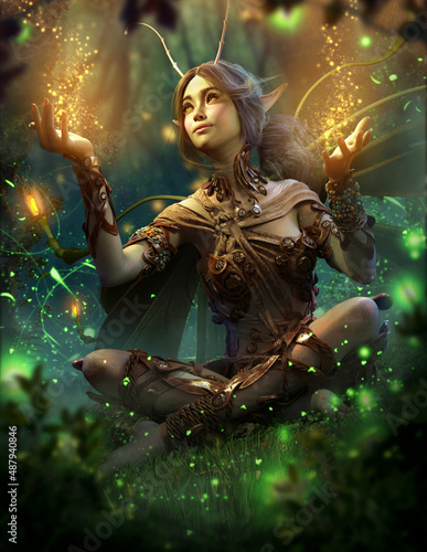 A cute fairy girl with green ruddy skin and a mustache smiles creating yellow sparks in the middle of a dark night deep forest, she is sitting on grass, surrounded by a lot of fireflies. 3d rendering