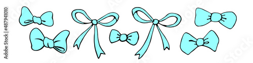 Set of vector blue bows, ribbons. Doodles, hand drawn. Simple clip art for Easter xmas birthday Valentines Day, girls design