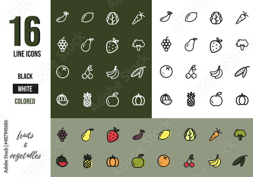 16 fruits and vegetables line art icons