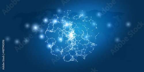 Blue Futuristic Global Networks Concept with Globe - Abstract Polygonal Digital Connections and Glowing Network Nodes - Future Technology Background, Creative Design Template