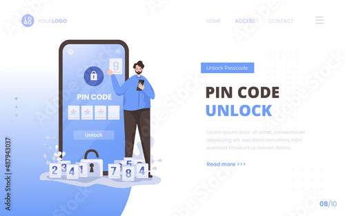 Pin code unlock security access concept on landing page design