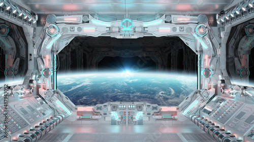 White spaceship interior with glowing blue and red lights. Futuristic spacecraft with large window view on planet Earth. 3D rendering