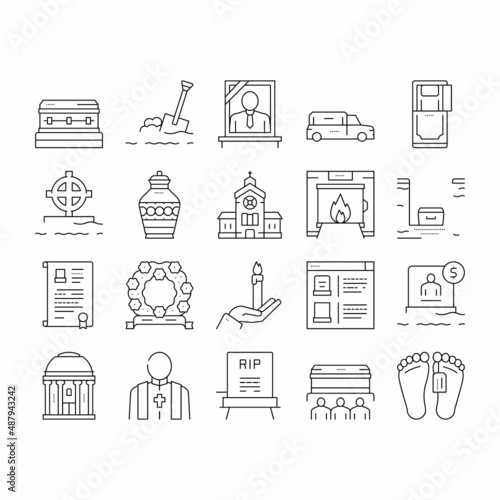 Funeral Burial Service Collection Icons Set Vector .
