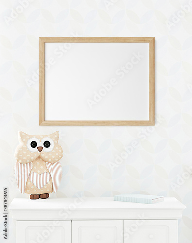 Mock up poster frame in children roomkids room nursery mockup 3d rendering photo