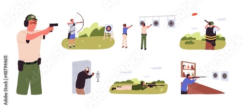 Shooters with firearms at shooting ranges, galleries set. People with rifles, pistols, cannons in hands, training, aiming with handgun. Flat graphic vector illustrations isolated on white background