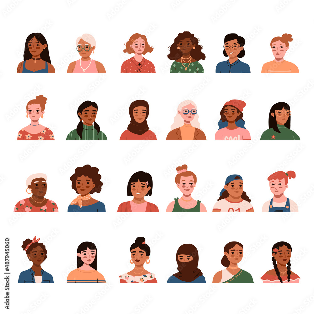 Girls avatars set. Group of diverse women portraits. Trendy different woman hair, skin, clothes, face. Feminism, freedom, independence, empowerment, rights, equality, social diversity Girls avatars set. Group of diverse women portraits. Trendy different woman hair, skin, clothes, face. Feminism, freedom, independence, empowerment, rights, equality, social diversity