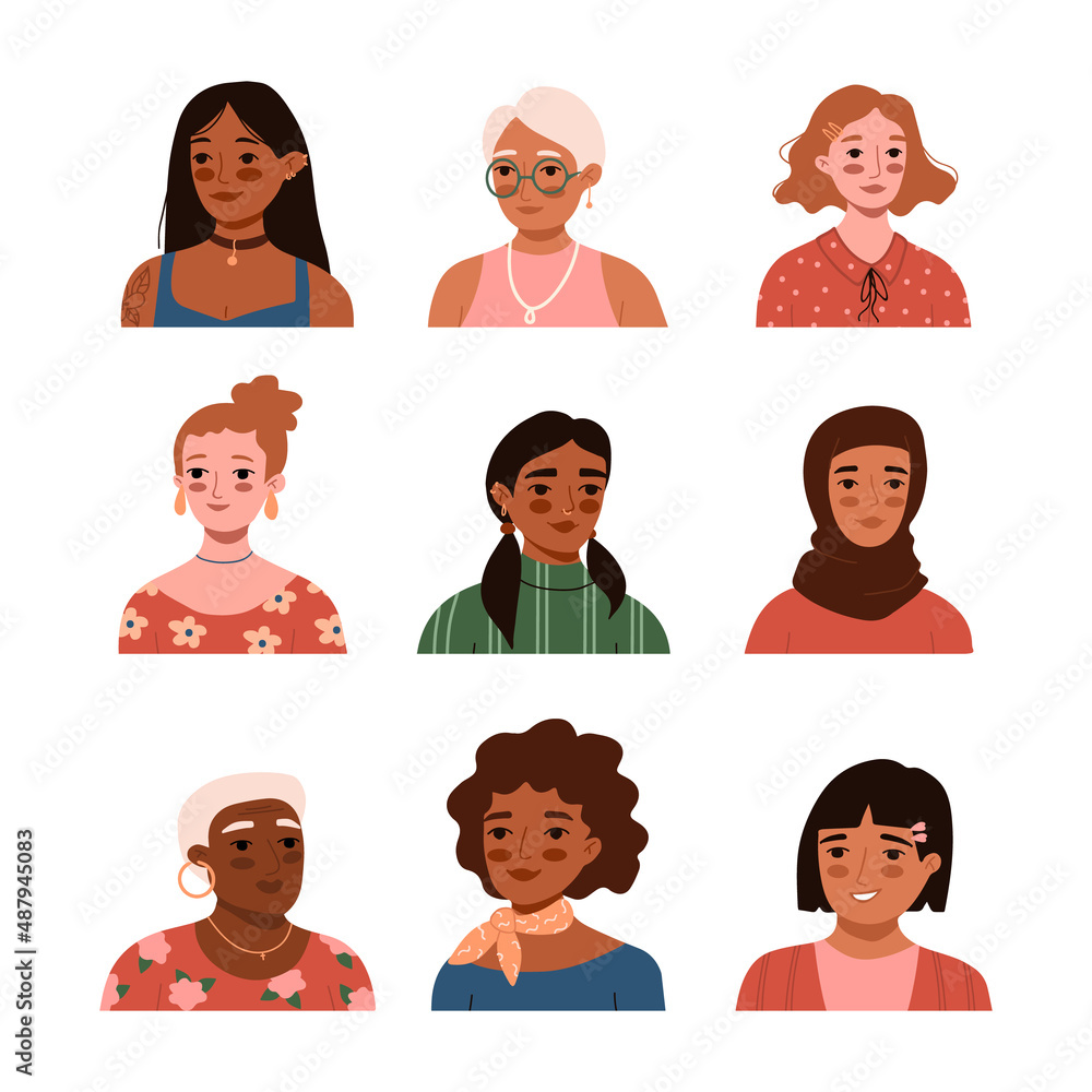 Girls avatars set. Group of diverse women portraits. Trendy different woman hair, skin, clothes, face. Feminism, freedom, independence, empowerment, rights, equality, social diversity Girls avatars set. Group of diverse women portraits. Trendy different woman hair, skin, clothes, face. Feminism, freedom, independence, empowerment, rights, equality, social diversity