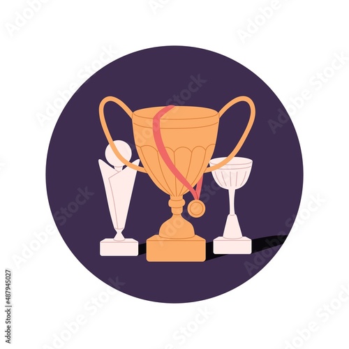 Winners cups and gold medal. Champions goblets, awards. Trophies icon. Rewards composition in circle. Chalices for sports contests. Flat vector illustration isolated on white background