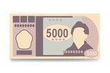 Japan Yen Vector Illustration. Japanese money set bundle banknotes. Paper money 5000 JPY. Flat style. Isolated on white background. Simple minimal design.