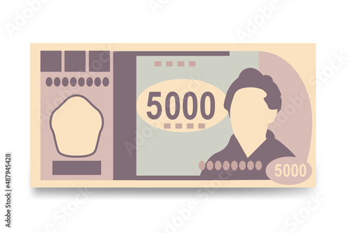 Japan Yen Vector Illustration. Japanese money set bundle banknotes. Paper money 5000 JPY. Flat style. Isolated on white background. Simple minimal design.