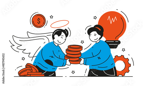 Angel investor startup financial support vector flat illustration. Concept of business professionals help, entrepreneurship funding, initiative investment, idea financing, partnership and coworking