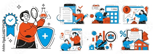 Collection business people working process professional occupation vector flat illustration. Set man woman customer support, quality control, electronic signature, accounting, cryptocurrency market