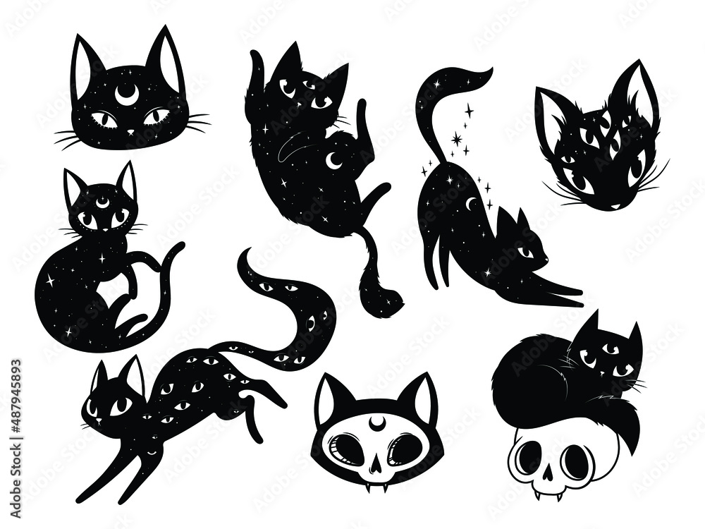 Set of mystical black cats. Collection of silhouette halloween cats with stars, moon, evil eye. Wiccan familiar. Vector illustration of magic kitten on white background. Tattoo. Set of mystical black cats. Collection of silhouette halloween cats with stars, moon, evil eye. Wiccan familiar. Vector illustration of magic kitten on white background. Tattoo.