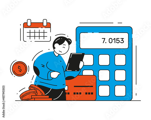 Personal finance accounting vector flat illustration. Male financial management using calculator and software tool. Banking budget balance calculate, planning expenses and income, checking money