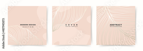 Chic trendy square templates with leaf silhouette. Gold on a dusty pink background. Vector for social media stories and post, invitation, greeting card, packaging, 
branding design, poster