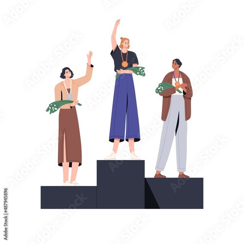People winners on pedestal. Business women champions stand on podium with awards, celebrate victory, first and prize places on ceremony. Flat graphic vector illustration isolated on white background