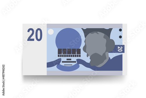 Czech Koruna Vector Illustration. Czech Republic money set bundle banknotes. Paper money 20 CZK. Flat style. Isolated on white background. Simple minimal design.