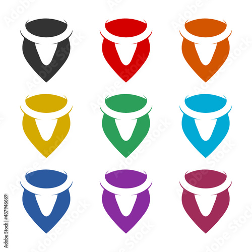 Creative Bull head shield icon or logo, color set