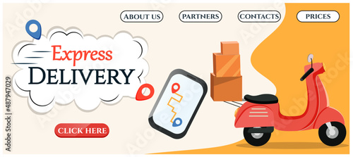 Delivery banner. Advertising. A moped delivers goods in boxes. Vector stock illustration. Shipping. Cargo. Beige background. Transport. Logistics.