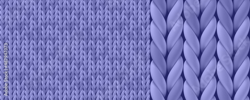 Veri Peri color of year wool knit. Lilac realistic knitted texture for wallpaper and background. Vector seamless pattern. Illustration with closeup of woolen fabric for winter design, banner.