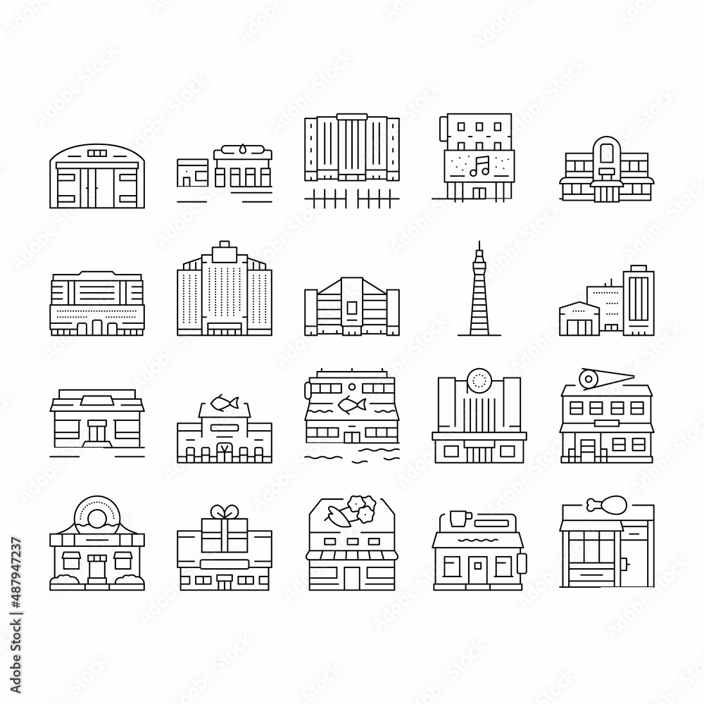 Building Restaurant And Store Icons Set Vector .