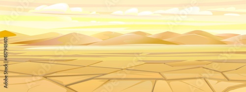 Morning panorama. Drought cracked desert land. Wind turbines generate electricity. Landscape of southern countryside. Dunes in desert. Cool cartoon style. Vector