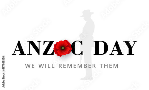 Anzac Day Banner with silhouette of soldier paying tribute and poppy flower, Vector
