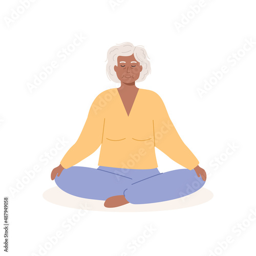 Modern elderly african woman with crossed legs and closed eyes meditating. Senior old granny sitting and practicing yoga, mindfulness meditation, breath control exercises. Vector flat illustration.