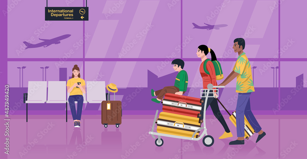 Travel illustration, Travelers at Airport departures. Vector