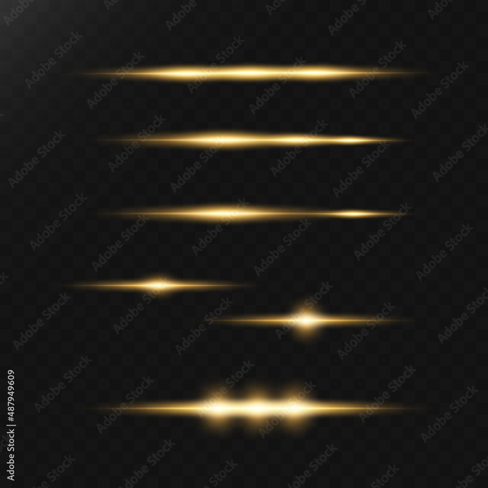 A set of flares, bright lights and sparkles on a transparent background. Golden flashes and glare. Abstract golden isolated lights Bright rays of light. Glowing lines.