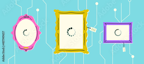 Placing a non-fungible token on the blockchain. NFT virtual gallery. Dependence of intangible assets on the Internet. Reveal of a new token collection, minting process. Flat vector illustration.