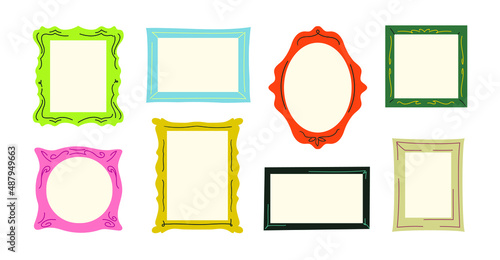 Set of colorful abstract frames or mirrors. Isolated bright square and oval picture frames. Cartoon style. Modern flat art. Hand-drawn vector illustrations.