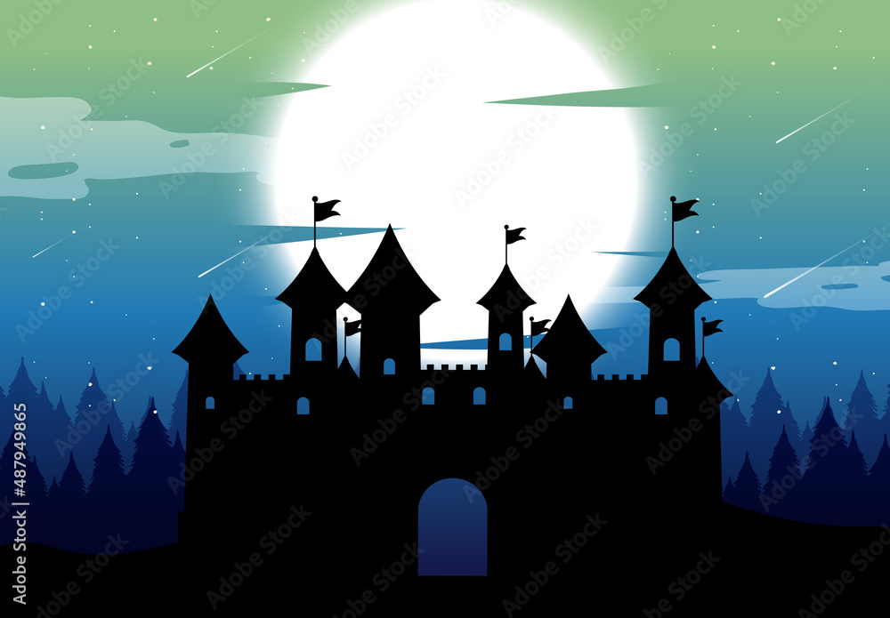 Spooky castle night background with full moon Spooky castle night background with full moon
