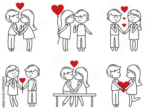 Set of doodle couple with heart. Collection of illustrations of a loving young couple. Love story. Future family. Colorful illustration for the children. People in love. Relationship. 