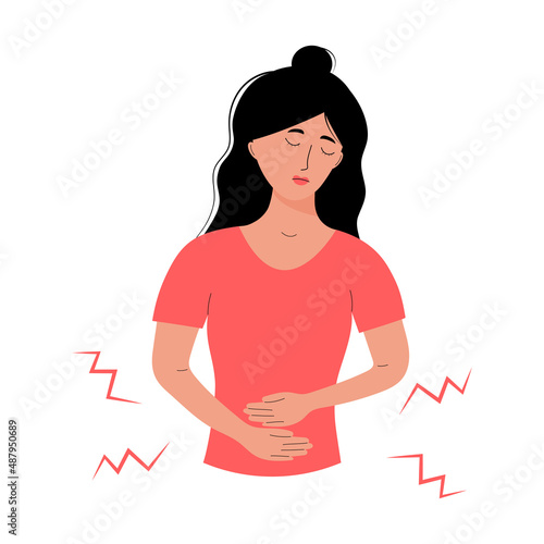 Woman with abdominal pain. Painful menstruation, appendicitis, premenstrual syndrome, menstrual cramps, diarrhea or constipation.