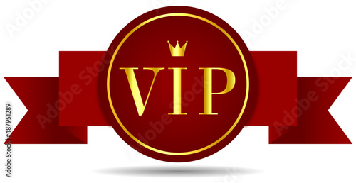 badge for VIP club members. Vip label, badge or tag. Vector red banner with gold vip text. Vector illustration, golden color