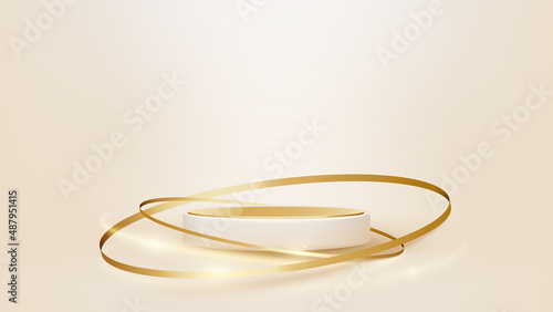 Product display podium with golden circle ribbon elements and rays light effect decoration.