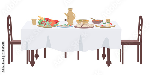Dinner party serving semi flat color vector object. Full sized item on white. Interior item. Part of house arrangement simple cartoon style illustration for web graphic design and animation