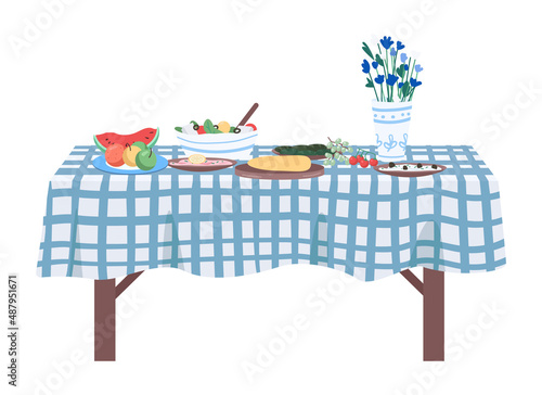 Dinner party laying semi flat color vector object. Full sized item on white. Interior item. Part of house arrangement simple cartoon style illustration for web graphic design and animation