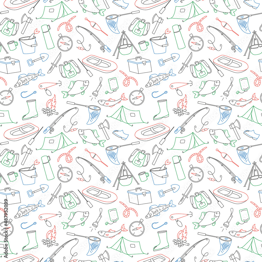 Seamless pattern on the theme of fishing, simple colored contour icons on white background