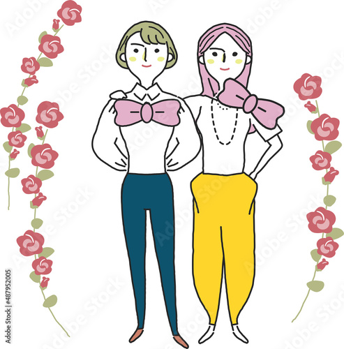 ピンクのリボンと花に囲まれた二人の女性　イラスト素材	