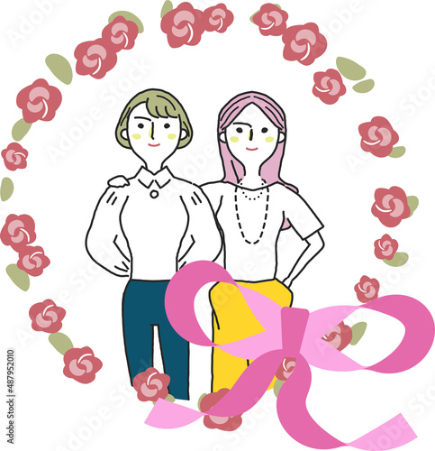 ピンクのリボンと花に囲まれた二人の女性　イラスト素材	