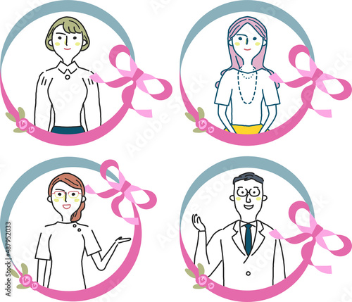 ピンクのリボンで囲まれた女性、医師　セットイラスト素材	
